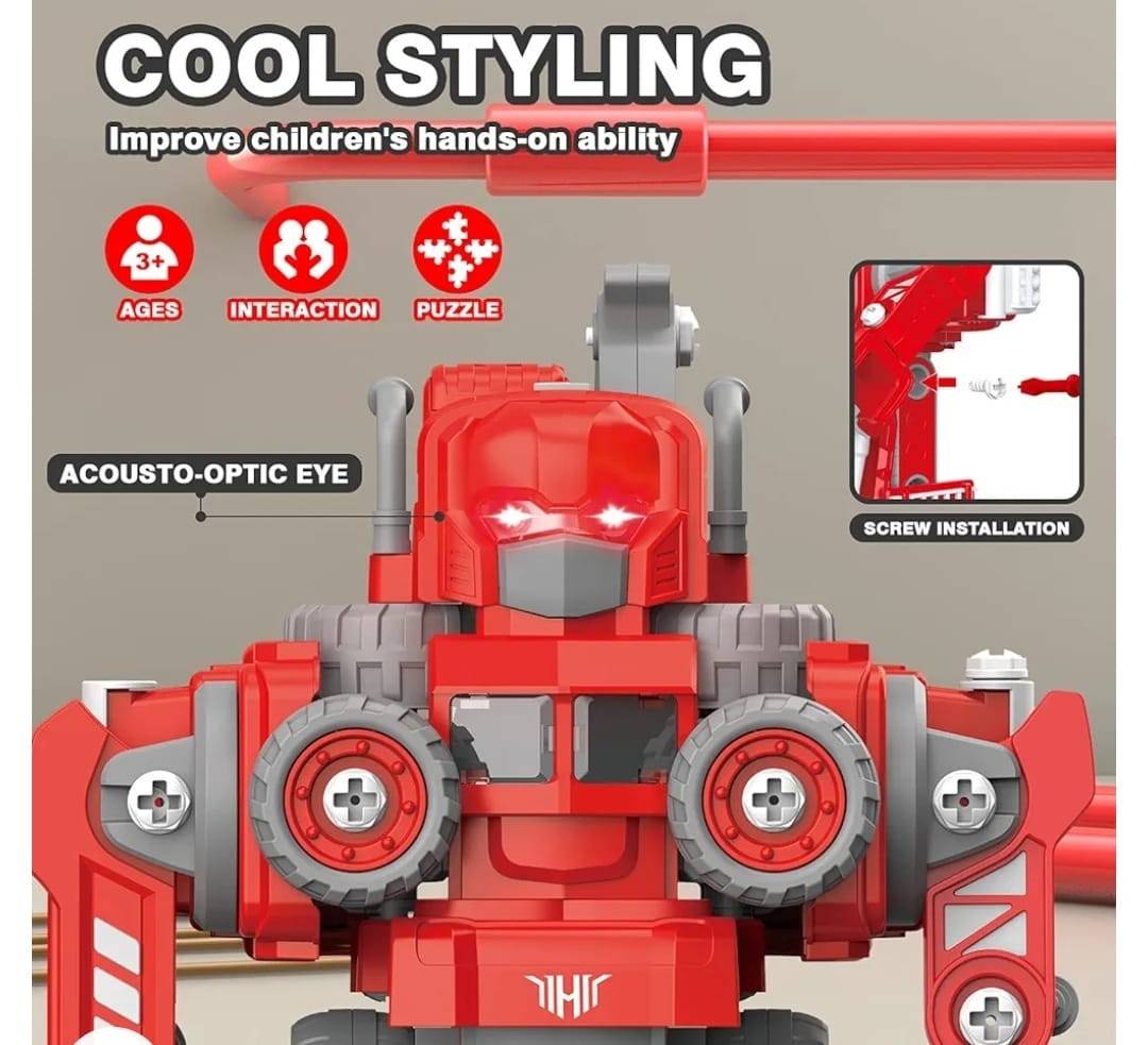 Set constructie robot 5 in 1, jucarie educationala, usor de asamblat si dezasamblat, cu sunete, rosu, 31 cm