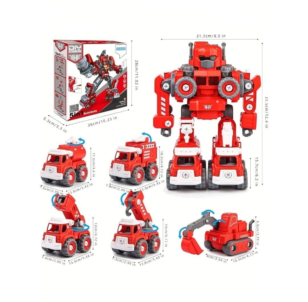 Set constructie robot 5 in 1, jucarie educationala, usor de asamblat si dezasamblat, cu sunete, rosu, 31 cm