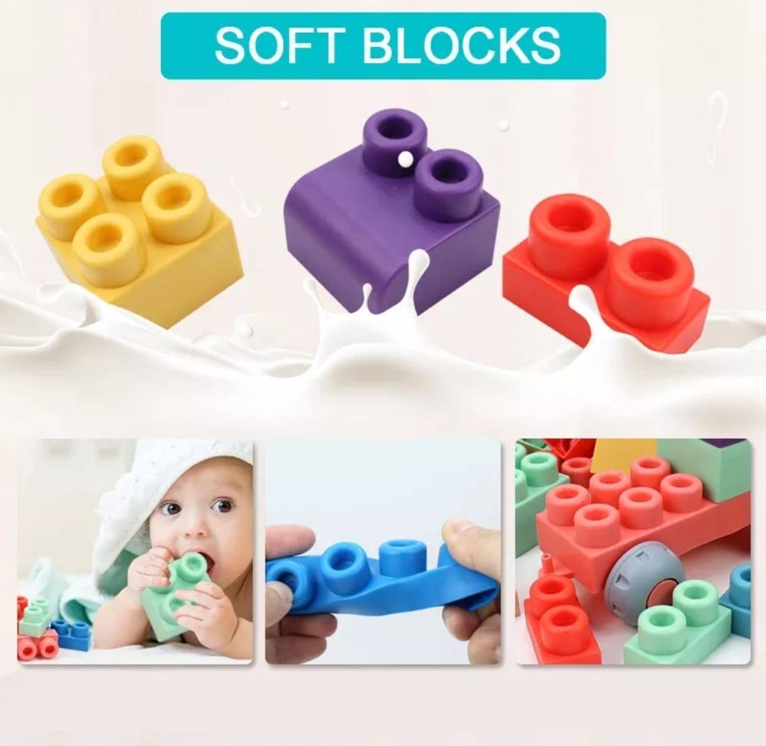 Set de constructie, Buiding Blocks, din plastic moale pentru fetite, cauciuc senzorial, multicolor, 44 piese