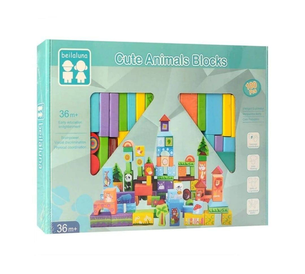 Set de constructie cuburi, Animale , 100 piese din, lemn,