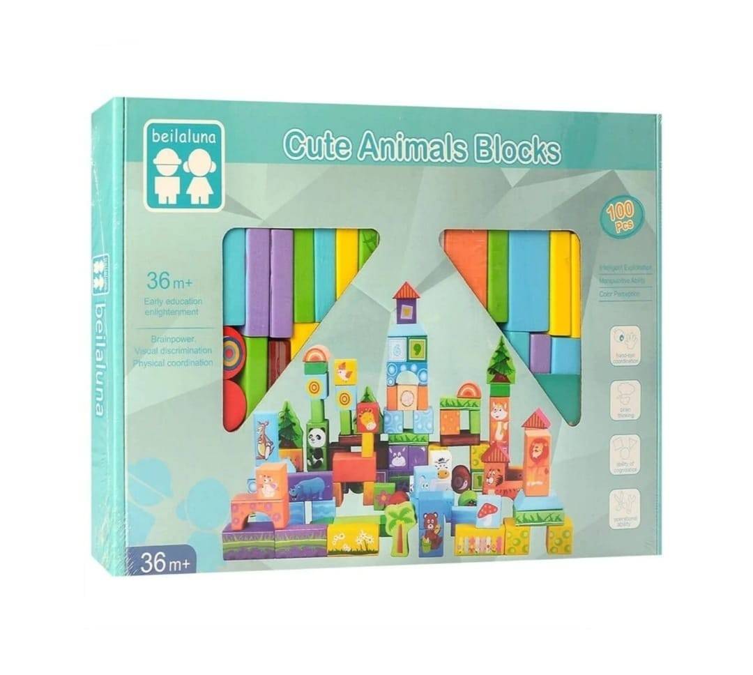 Set de constructie cuburi, Animale , 100 piese din, lemn,