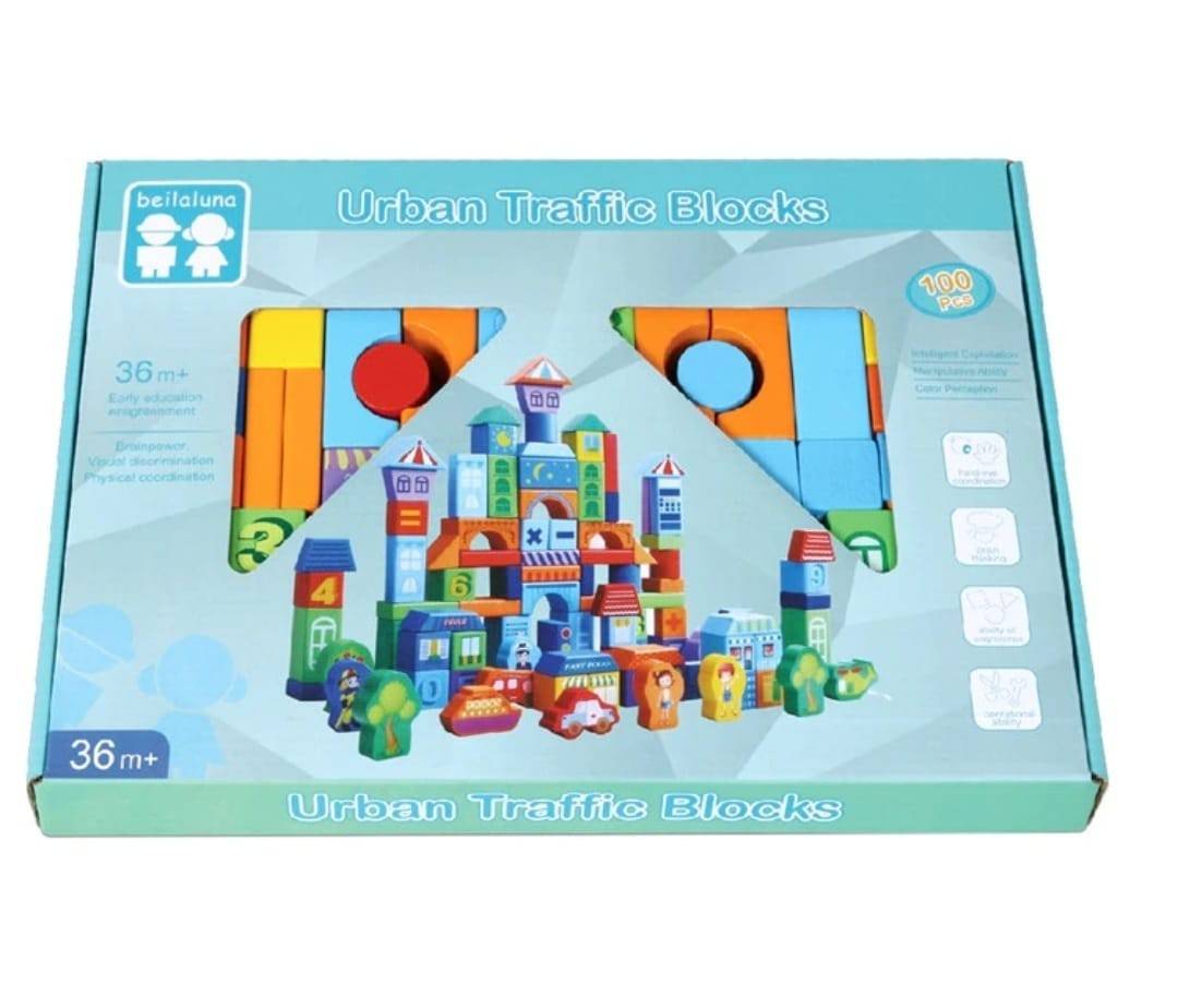 Set de constructie cuburi, Traffic Urban Blocks, 100 piese, lemn, multicolor