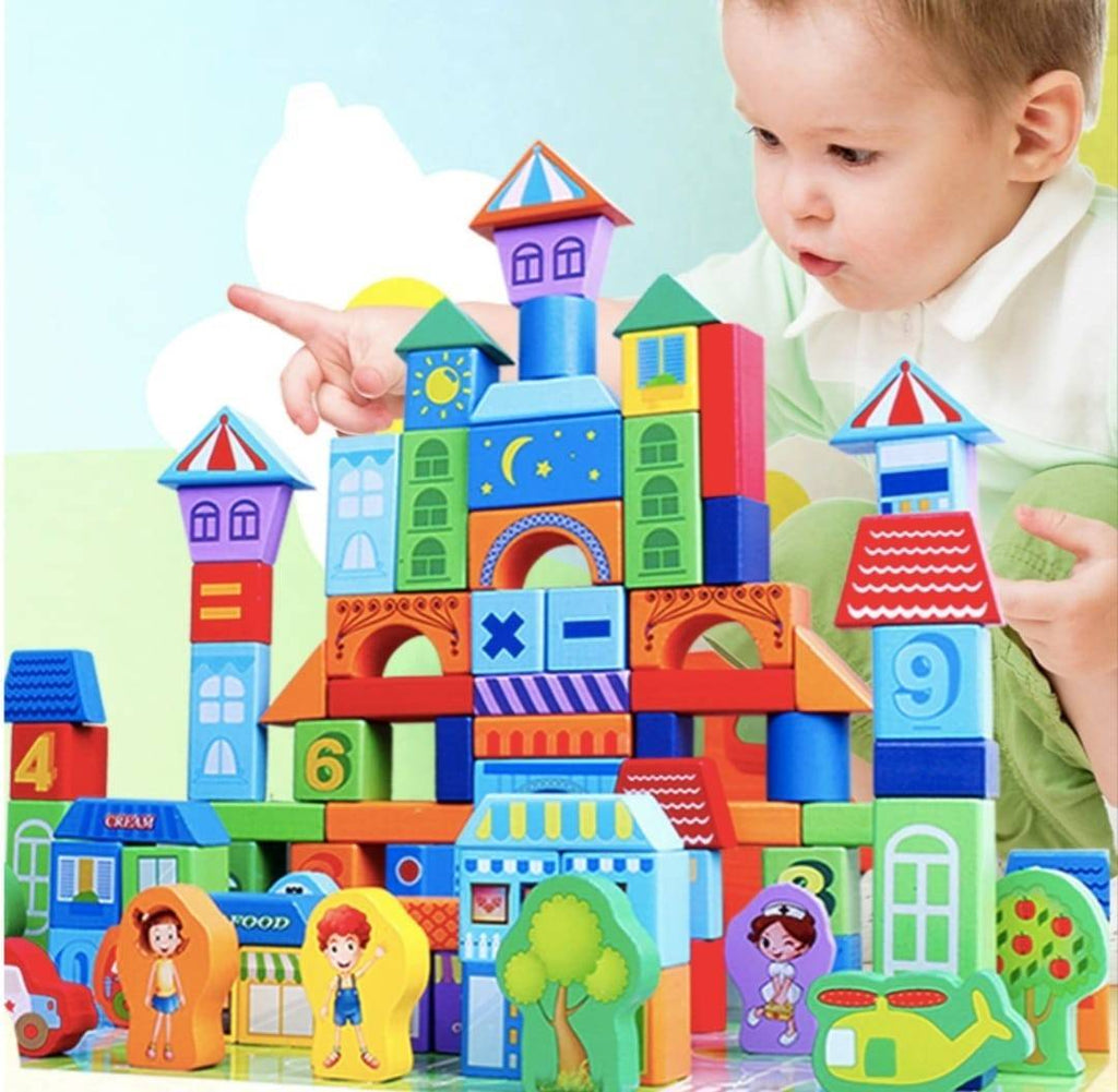 Set de constructie cuburi, Traffic Urban Blocks, 100 piese, lemn, multicolor