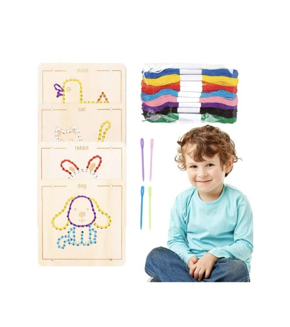 Set de cusut, Animale domestice, 4 modele, cu accesorii incluse, multicolor, lemn