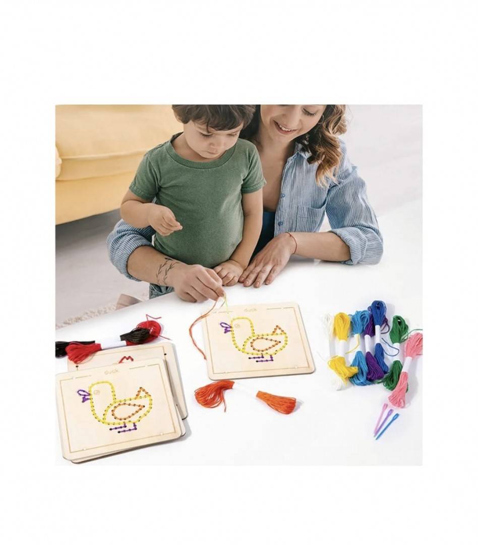 Set de cusut, Animale domestice, 4 modele, cu accesorii incluse, multicolor, lemn