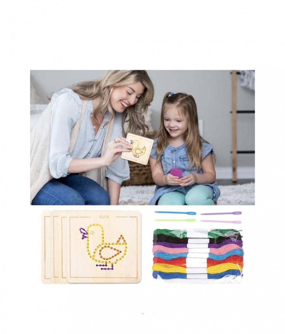 Set de cusut, Animale domestice, 4 modele, cu accesorii incluse, multicolor, lemn