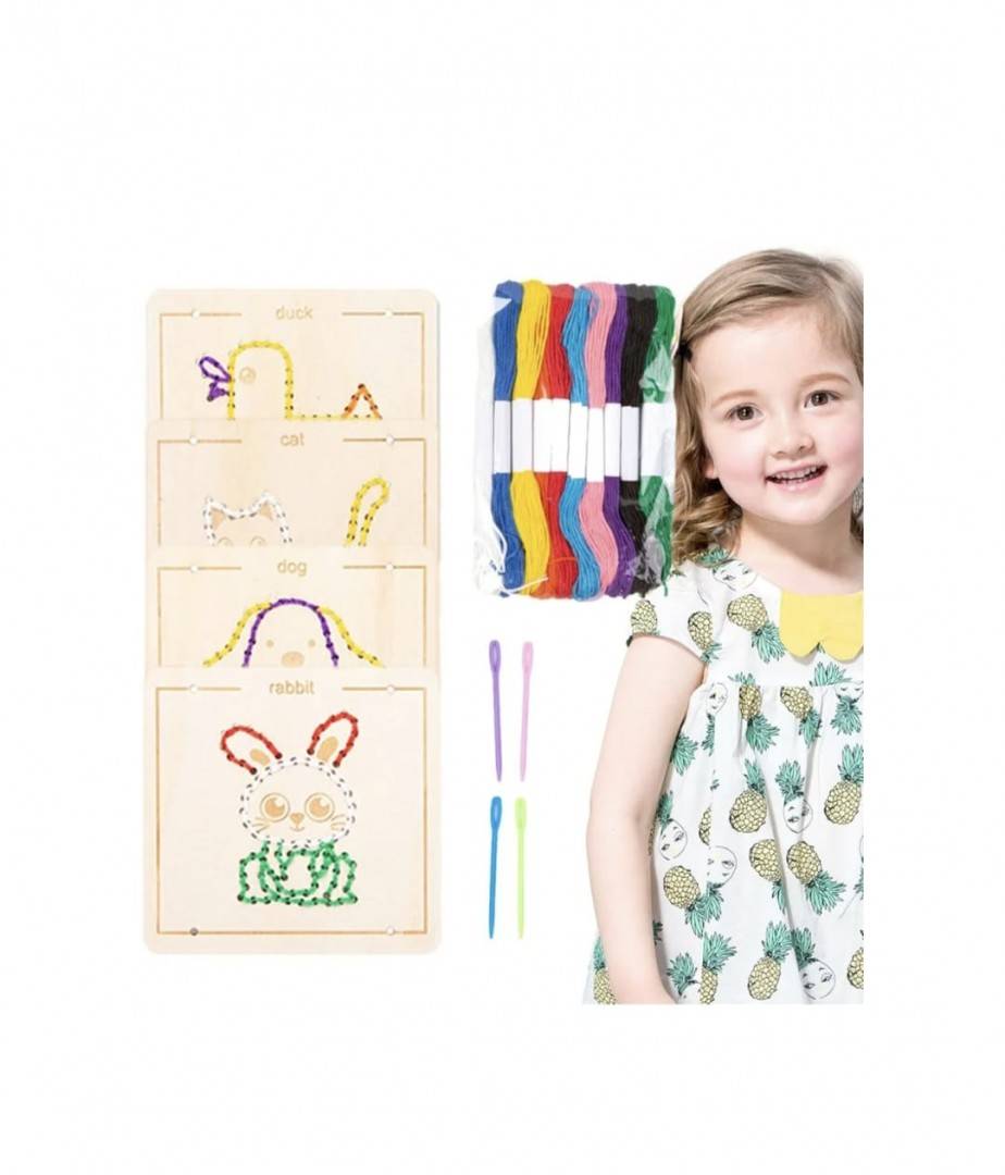 Set de cusut, Animale domestice, 4 modele, cu accesorii incluse, multicolor, lemn