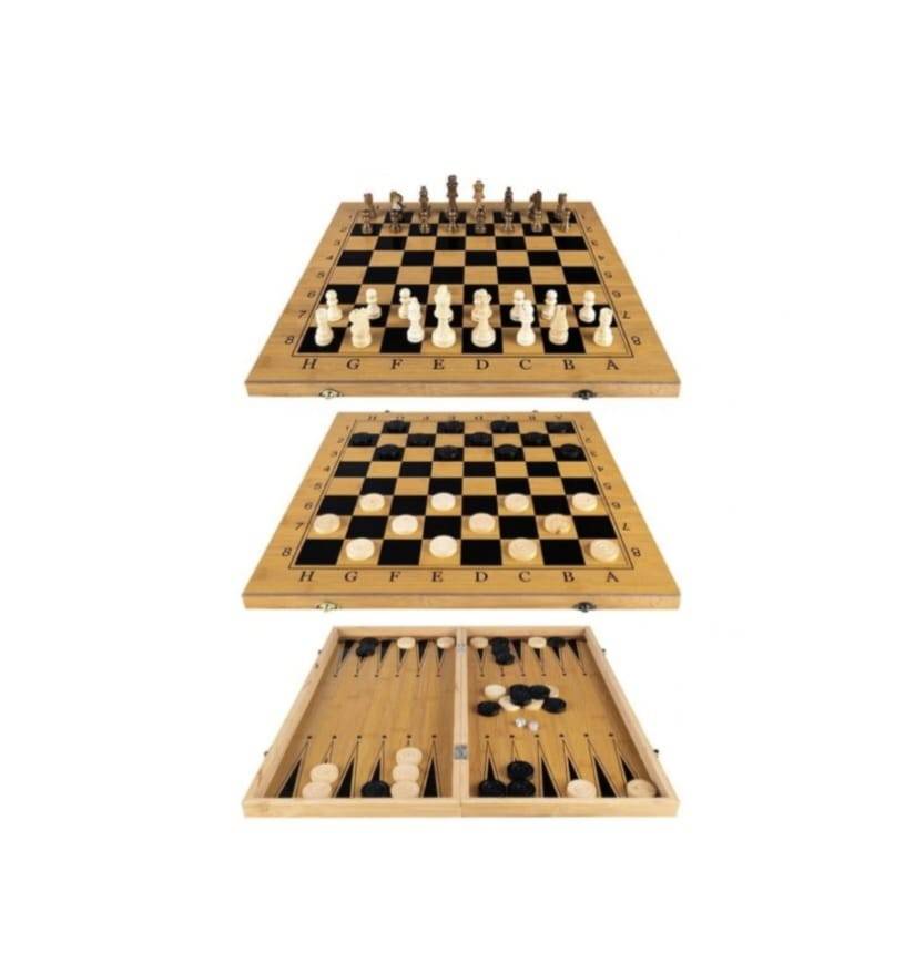 Set de joc, Sah, Dame si Backgammon, piese incluse, tabla pliabila, lemn, 49 cm