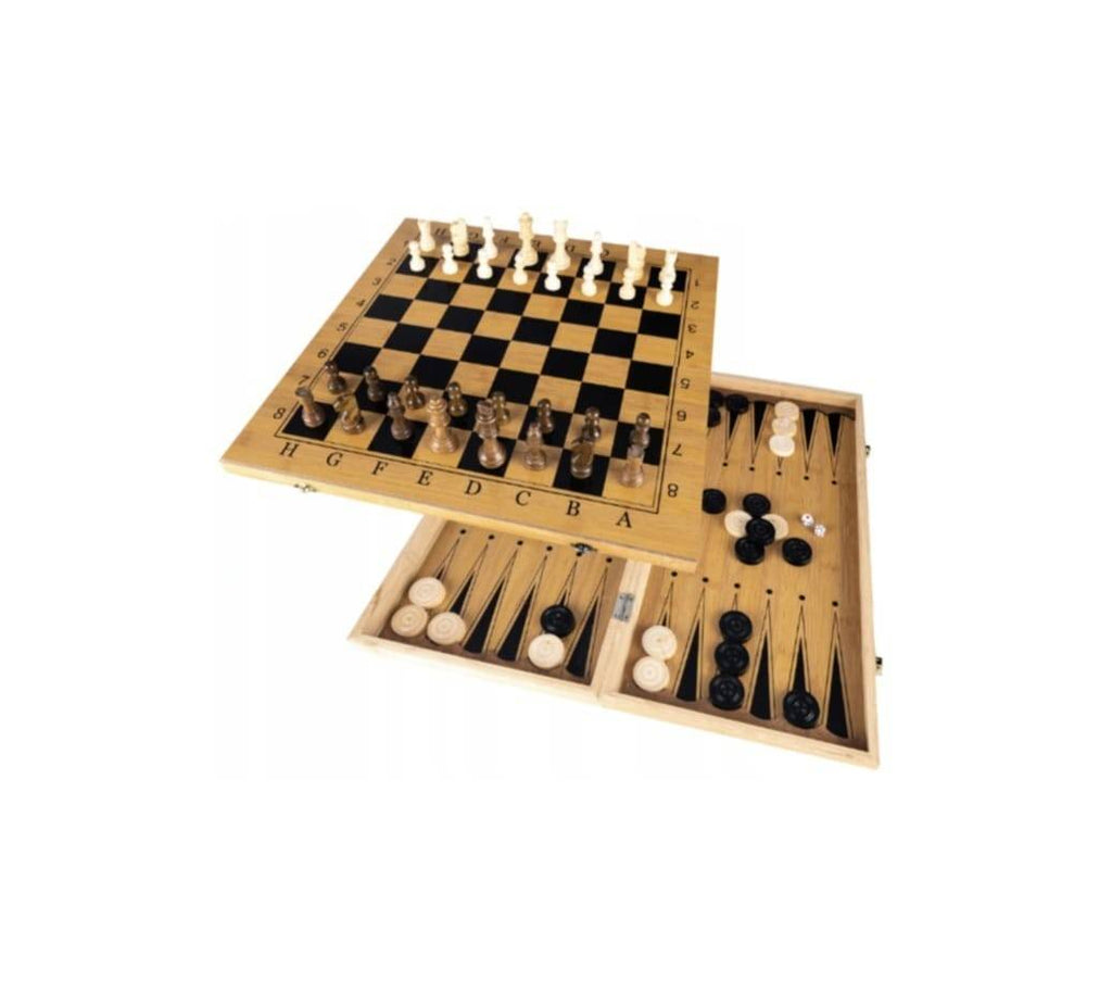 Set de joc, Sah, Dame si Backgammon, piese incluse, tabla pliabila, lemn, 49 cm