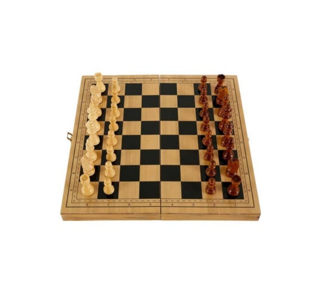 Set de joc, Sah, Dame si Backgammon, piese incluse, tabla pliabila, lemn, 49 cm
