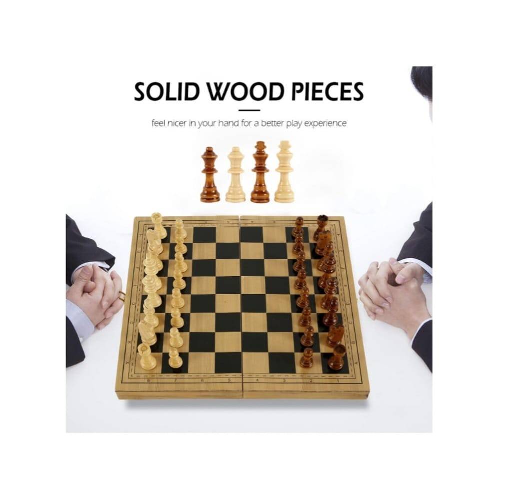 Set de joc, Sah, Dame si Backgammon, piese incluse, tabla pliabila, lemn, 49 cm