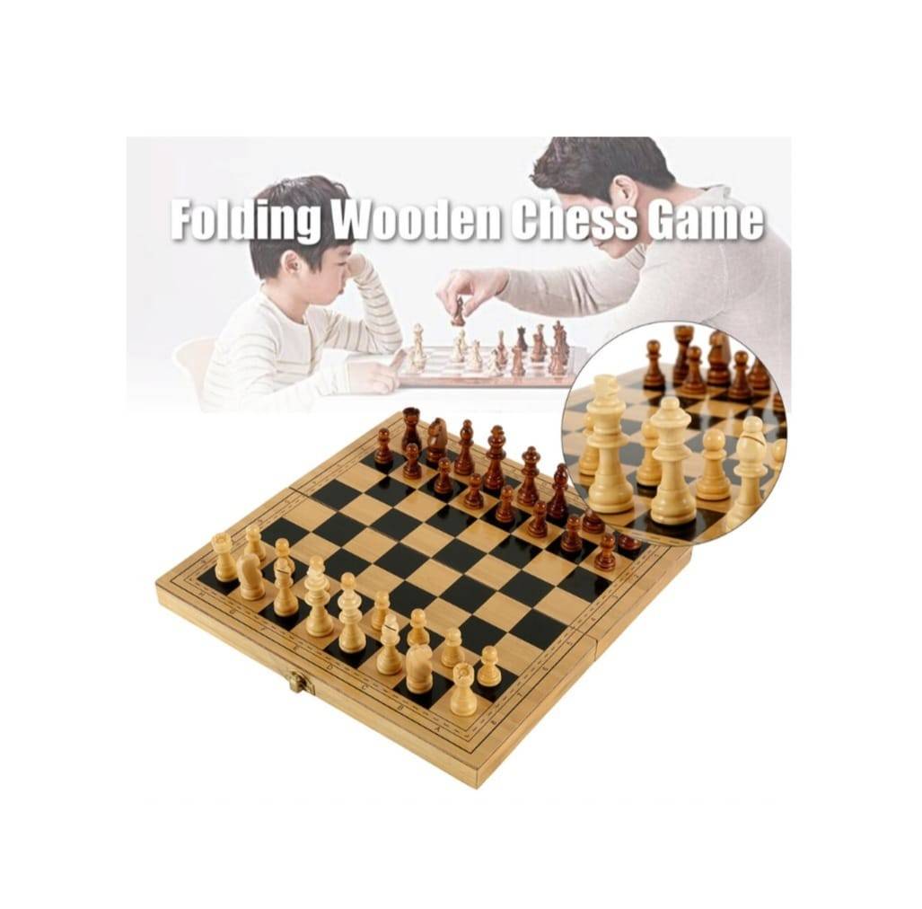 Set de joc, Sah, Dame si Backgammon, piese incluse, tabla pliabila, lemn, 49 cm