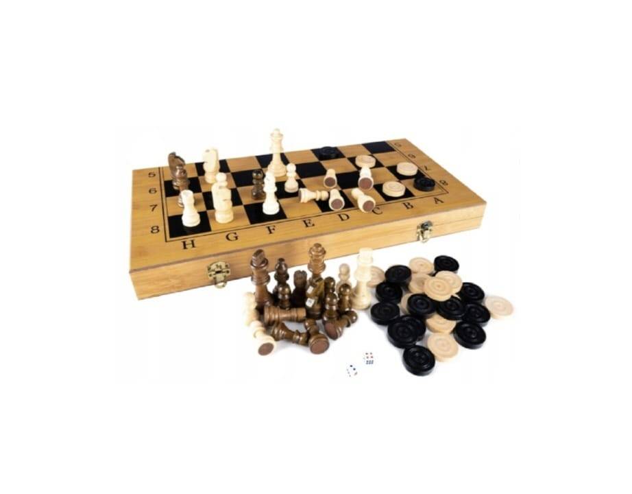 Set de joc, Sah, Dame si Backgammon, piese incluse, tabla pliabila, lemn, 49 cm
