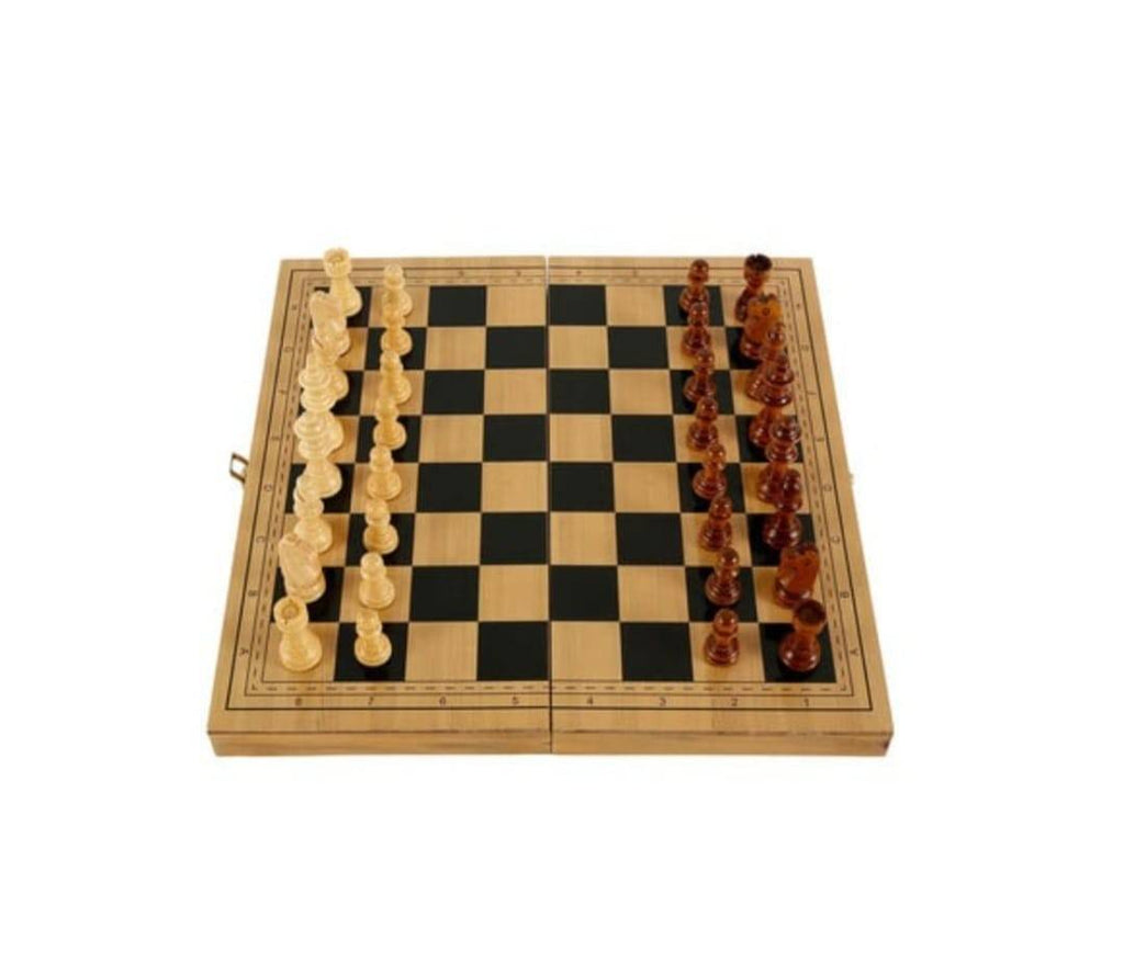 Set de joc, Sah, Dame si Backgammon, piese incluse, tabla pliabila, lemn, 53 cm