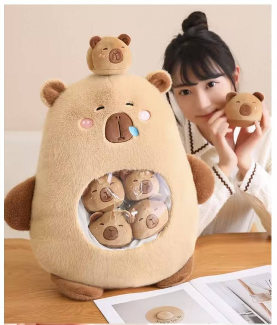 Set de plus, Capibara cu 6 pui, MASHASHOP, maro, 45 cm