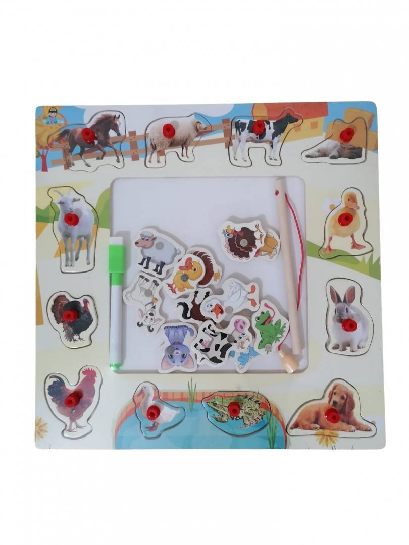 Set educativ 3 in 1, Animale domestice, tabla de desen si pescuit, puzzle incastru,