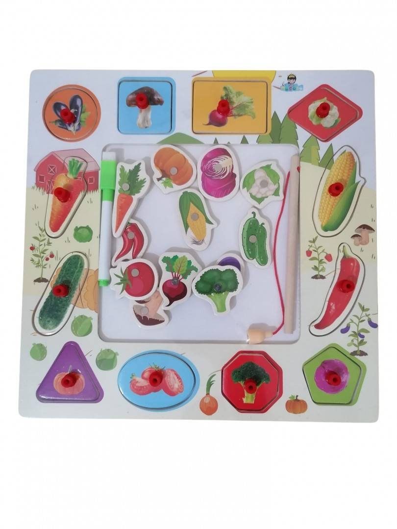 Set educativ 3 in 1, Legume, tabla de desen si pescuit, puzzle incastru,