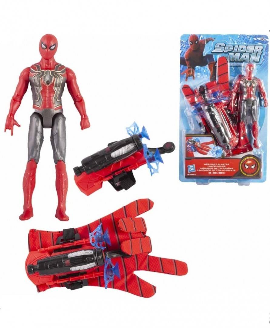 Set Figurina si Manusa lui Spiderman din material textil cu lansator si 2 sageti, rosu, 32 cm