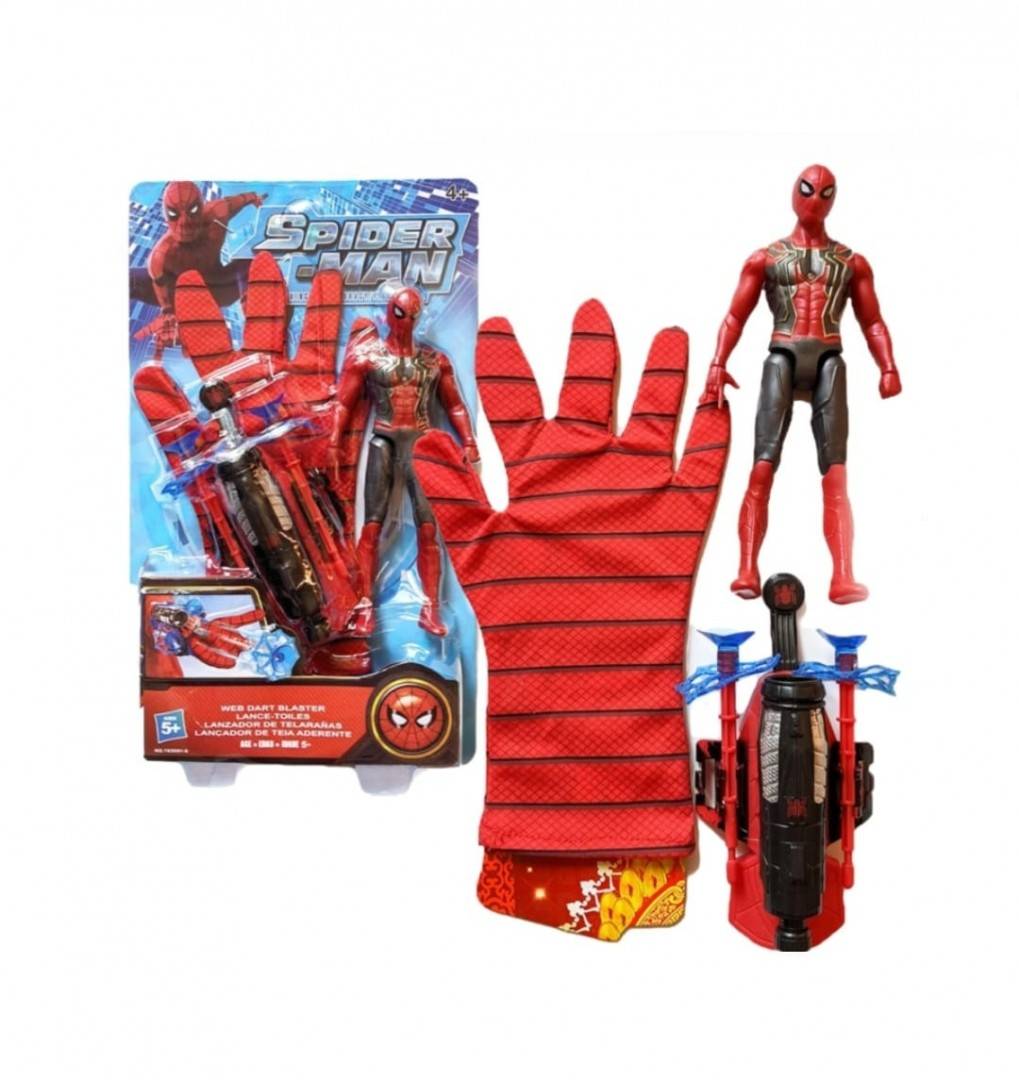 Set Figurina si Manusa lui Spiderman din material textil cu lansator si 2 sageti, rosu, 32 cm