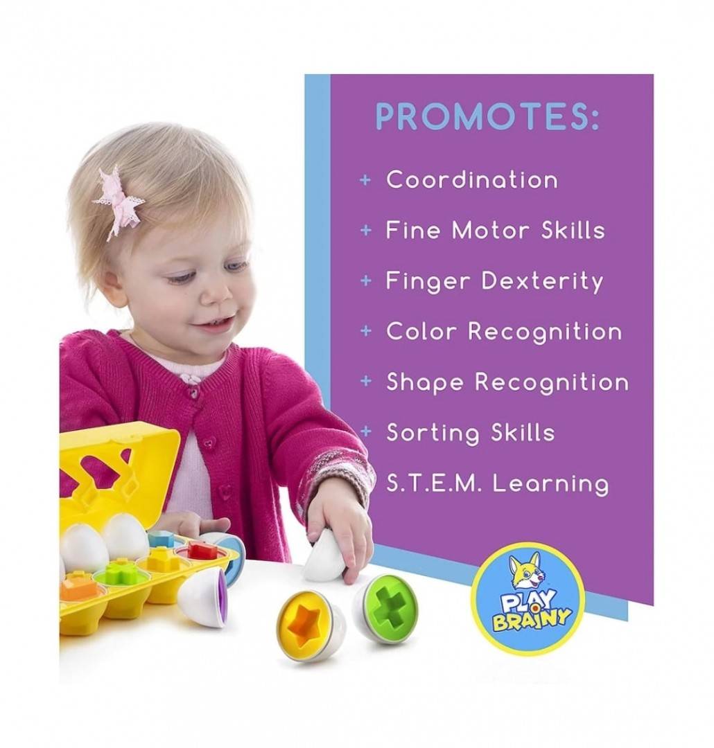 Set Joc Educativ Montessori, 12 forme oua, 6 culori potrivirea formelor si invatarea culorilor, multicolor, 28 cm
