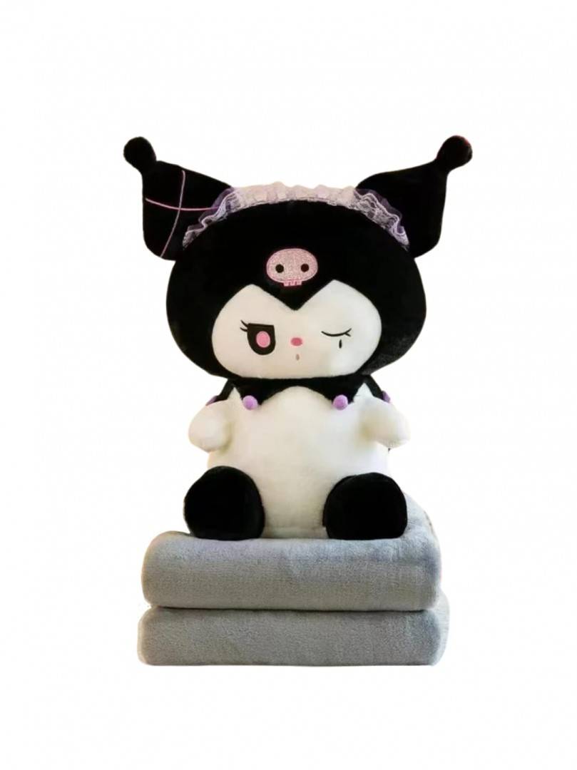 Set jucarie de plus si patura, Kuromi din seria Hello Kitty Sanrio, alb/negru, 50 cm