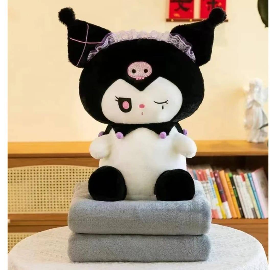 Set jucarie de plus si patura, Kuromi din seria Hello Kitty Sanrio, alb/negru, 50 cm