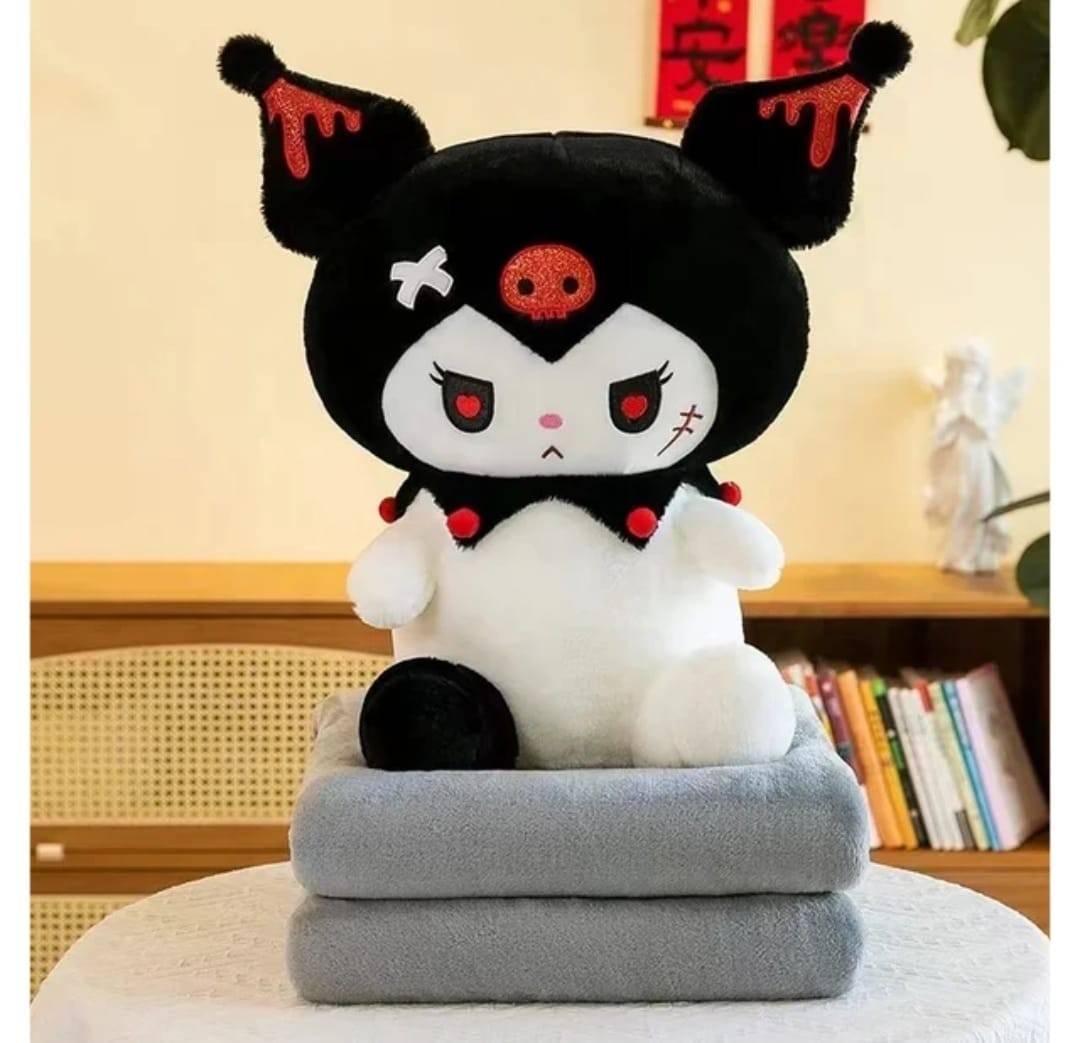 Set jucarie de plus si patura, Kuromi din seria Hello Kitty Sanrio, multicolor, 50 cm
