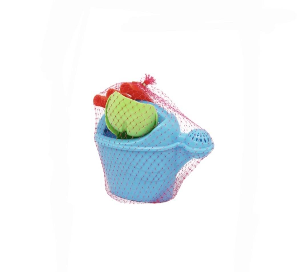 Set jucarii nisip 4 piese pentru copii - stropitoare cu capac sita, lopatica, grebla, multicolor, 15 cm