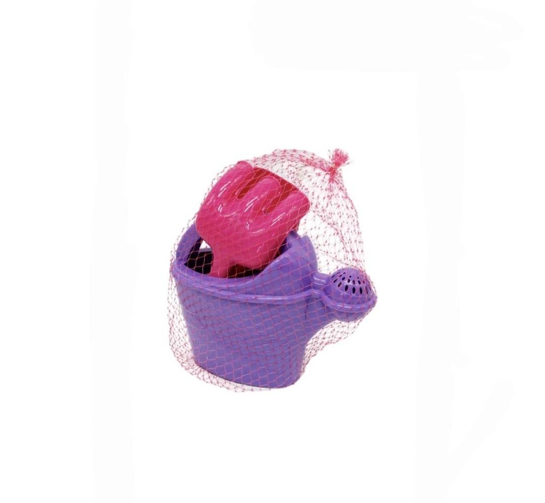 Set jucarii nisip 4 piese pentru copii - stropitoare cu capac sita, lopatica, grebla, multicolor, 15 cm