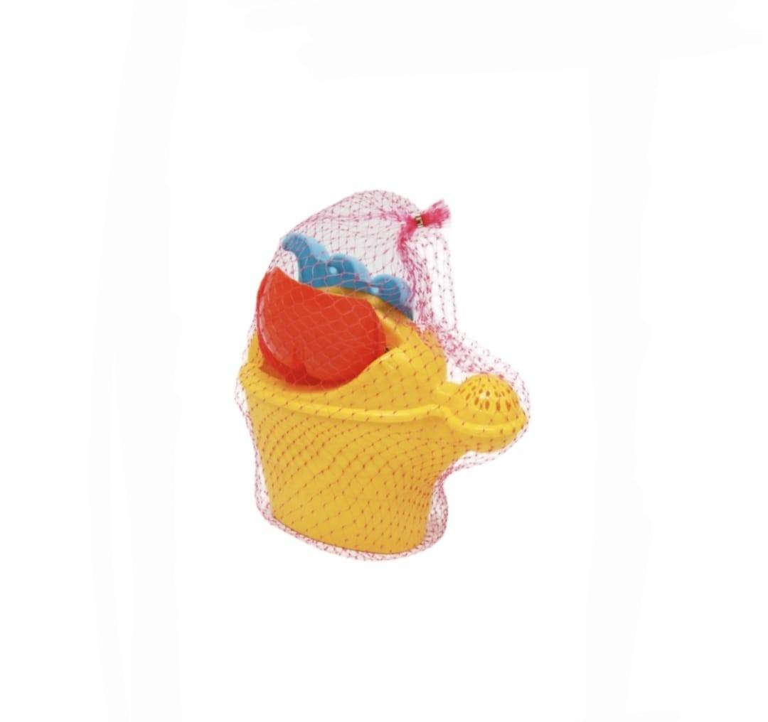 Set jucarii nisip 4 piese pentru copii - stropitoare cu capac sita, lopatica, grebla, multicolor, 15 cm