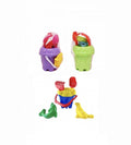 Set jucarii nisip 5 piese pentru copii – galetusa cu capac sita, lopatica, grebla si 2 forme, mov, 18 cm