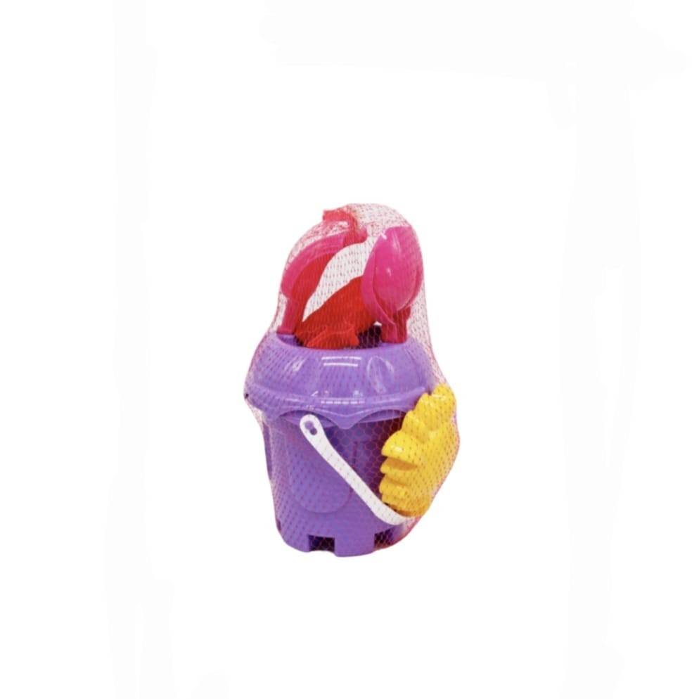Set jucarii nisip 5 piese pentru copii – galetusa cu capac sita, lopatica, grebla si 2 forme, mov, 18 cm