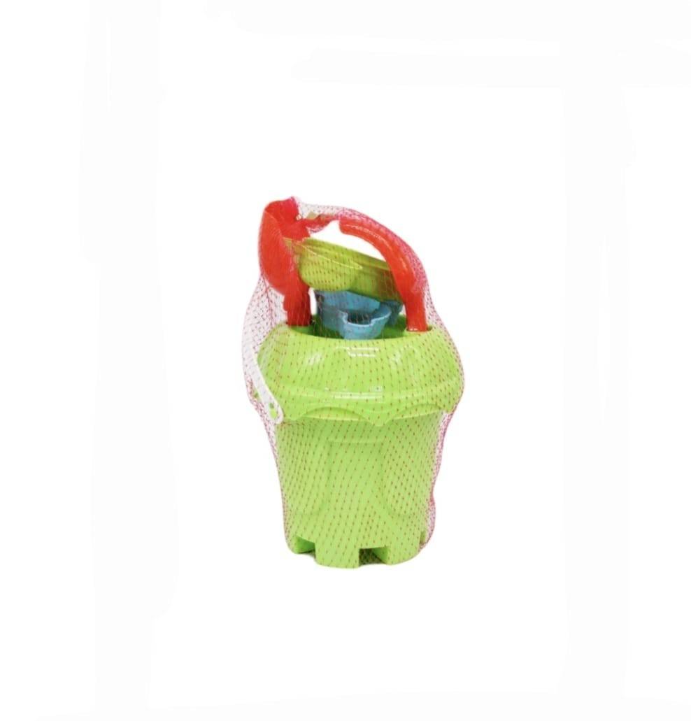 Set jucarii nisip 5 piese pentru copii – galetusa cu capac sita, lopatica, grebla si 2 forme, mov, 18 cm