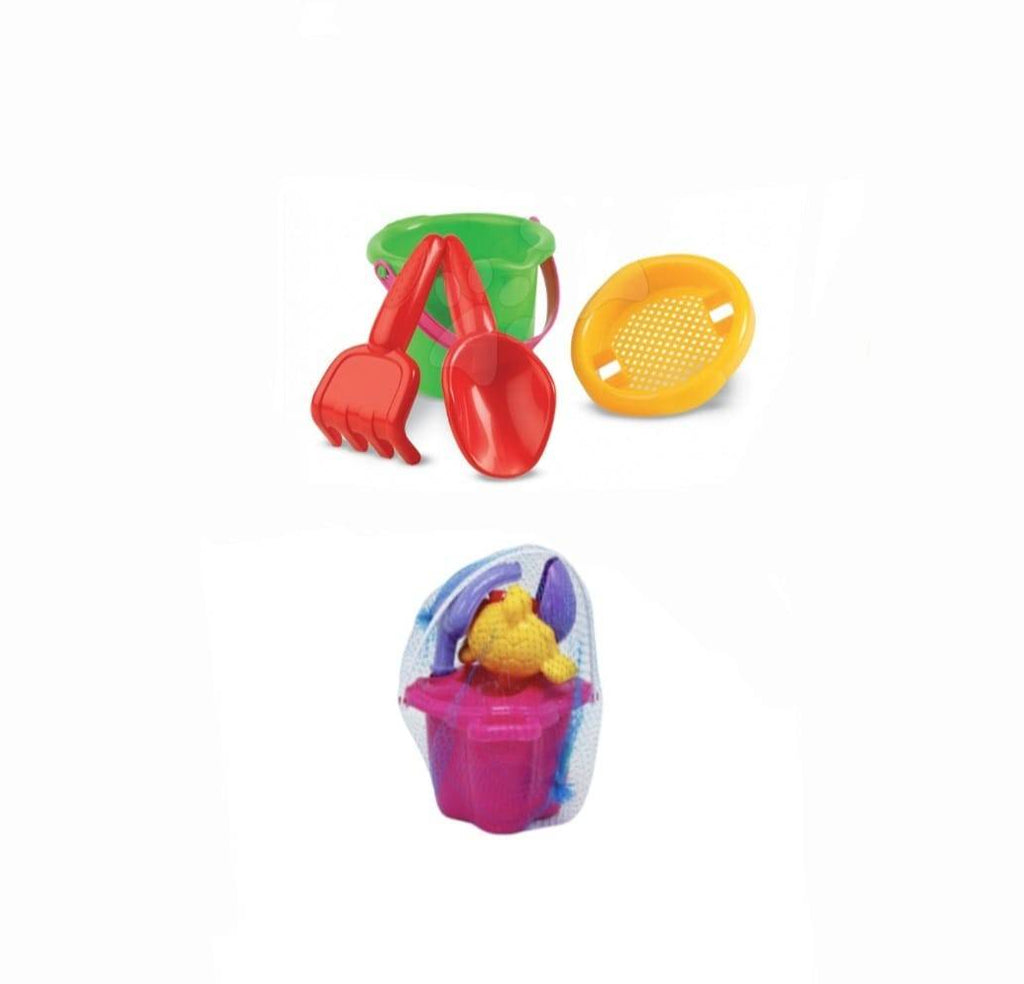 Set jucarii nisip 5 piese pentru copii – galetusa cu capac sita, lopatica, grebla si 2 forme, multicolor, 11 cm