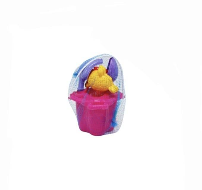 Set jucarii nisip 5 piese pentru copii – galetusa cu capac sita, lopatica, grebla si 2 forme, multicolor, 11 cm