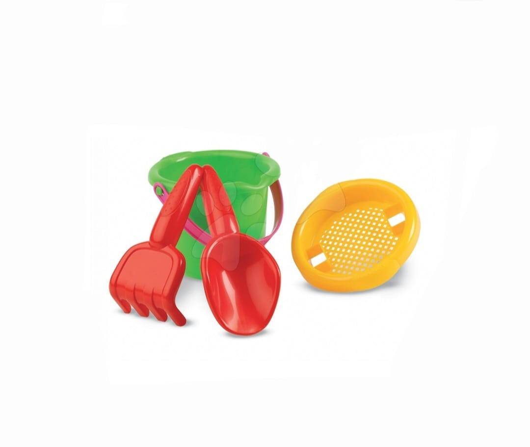 Set jucarii nisip 5 piese pentru copii – galetusa cu capac sita, lopatica, grebla si 2 forme, multicolor, 11 cm