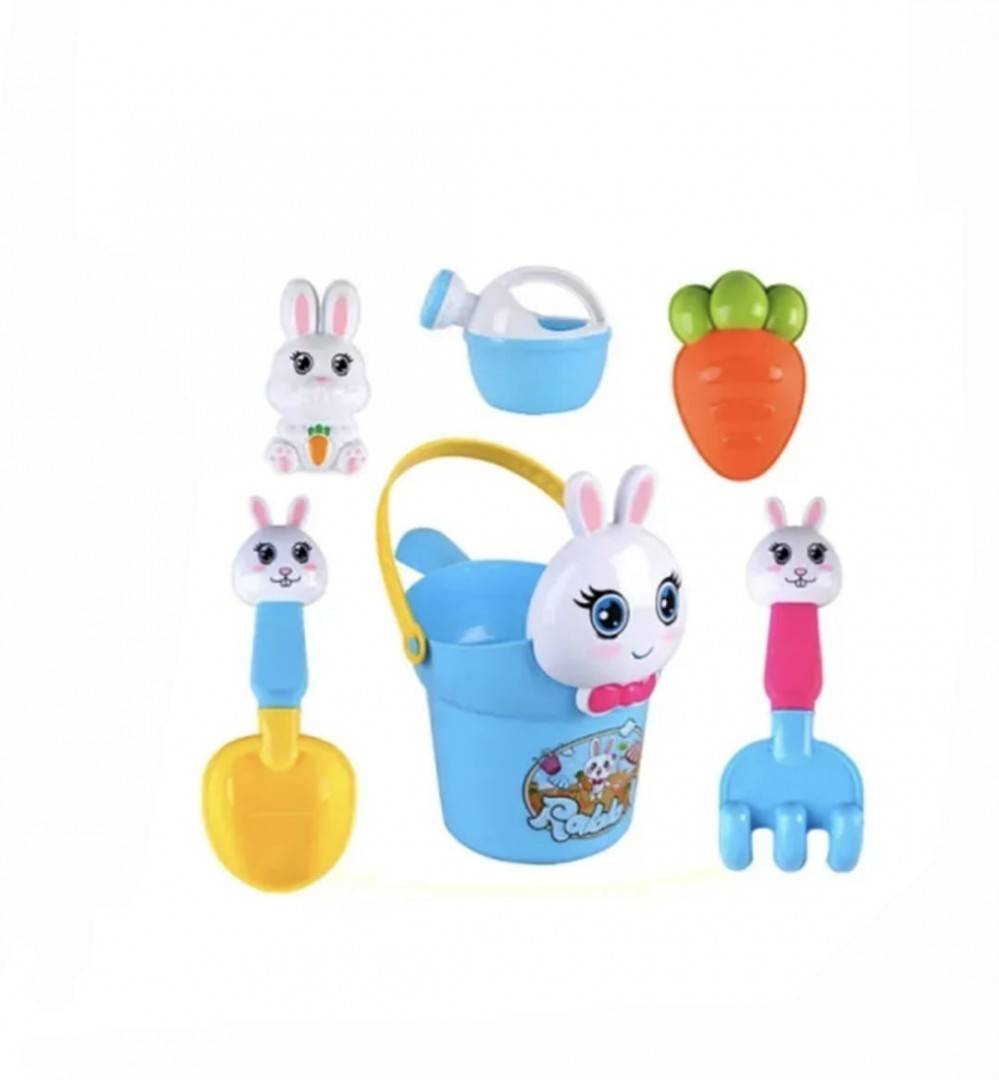 Set jucarii nisip 6 piese pentru copii, model Iepuras, albastru, 25 cm