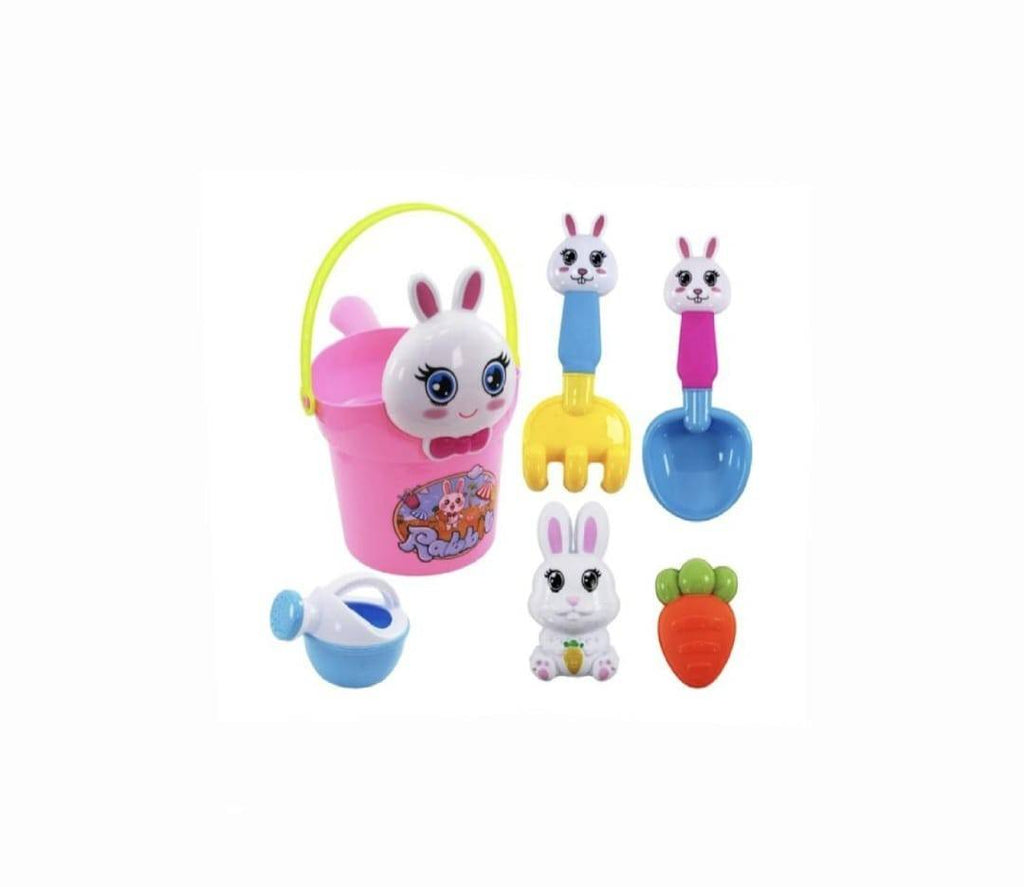 Set jucarii nisip 6 piese pentru copii, model Iepuras, roz, 25 cm