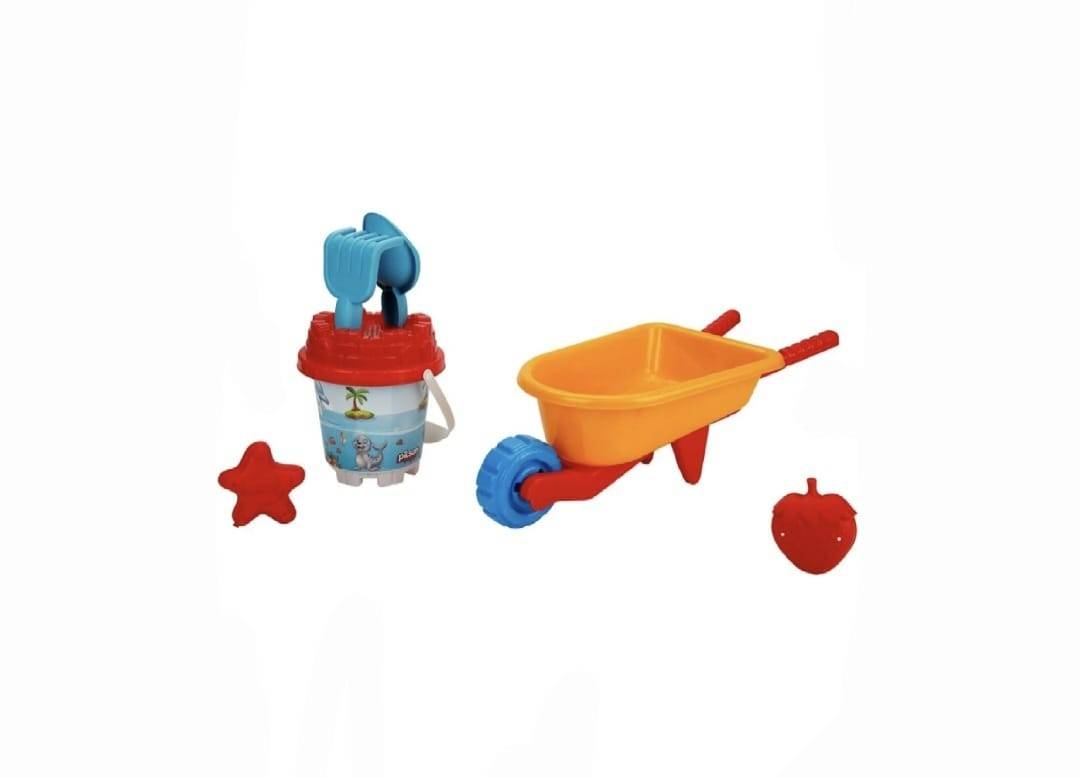 Set jucarii pentru nisip, roaba cu 5 accesorii, multicolor
