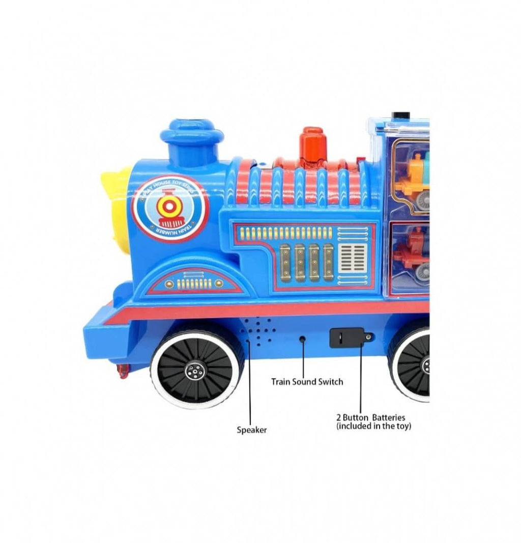Set locomotiva Mare, model Thomas, 4 patru locomotive mici, sunete, albastru, 37 cm