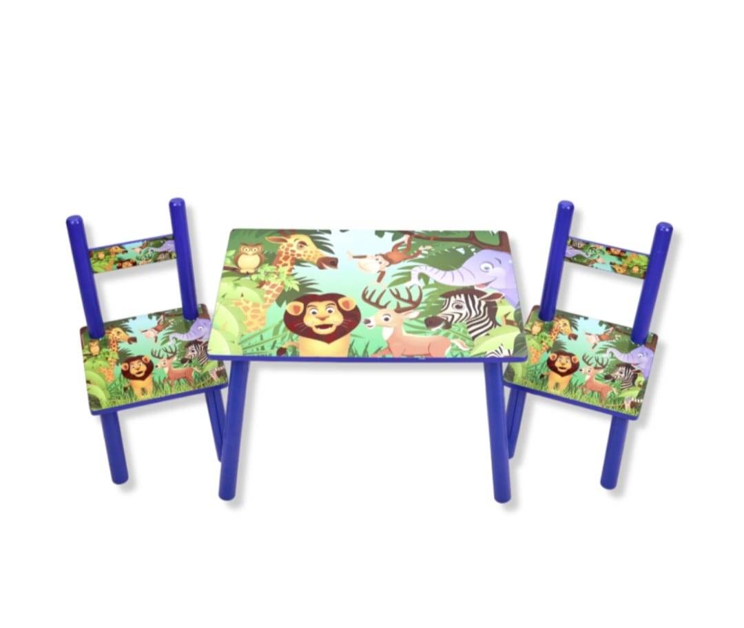 Set Masuta cu 2 scaune pentru copii, Animale din Jungla, albastru, 1 an+