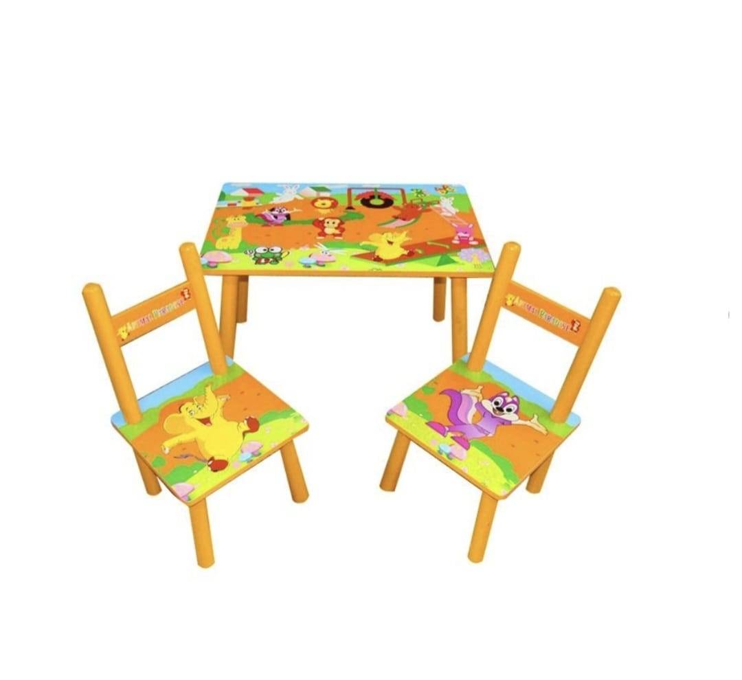 Set Masuta cu 2 scaune pentru copii, Animale, multicolor, 1 an+