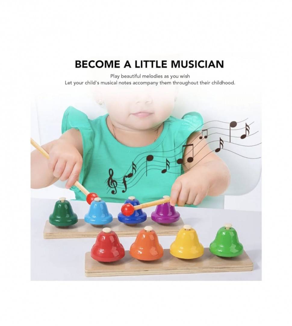 Set muzical cu 8 clopotei, montessori, lemn, multicolor, 3 ani+