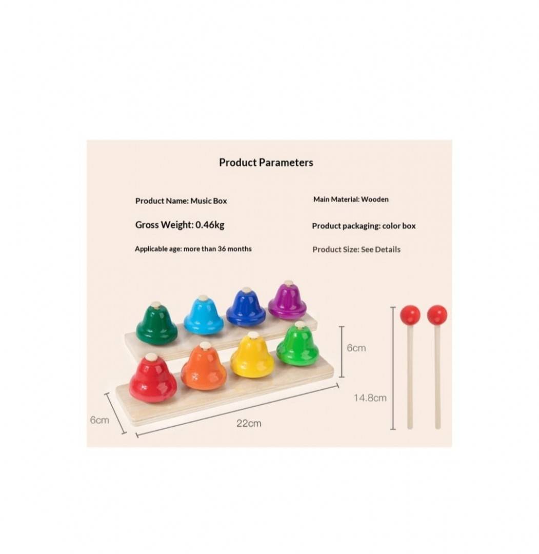Set muzical cu 8 clopotei, montessori, lemn, multicolor, 3 ani+