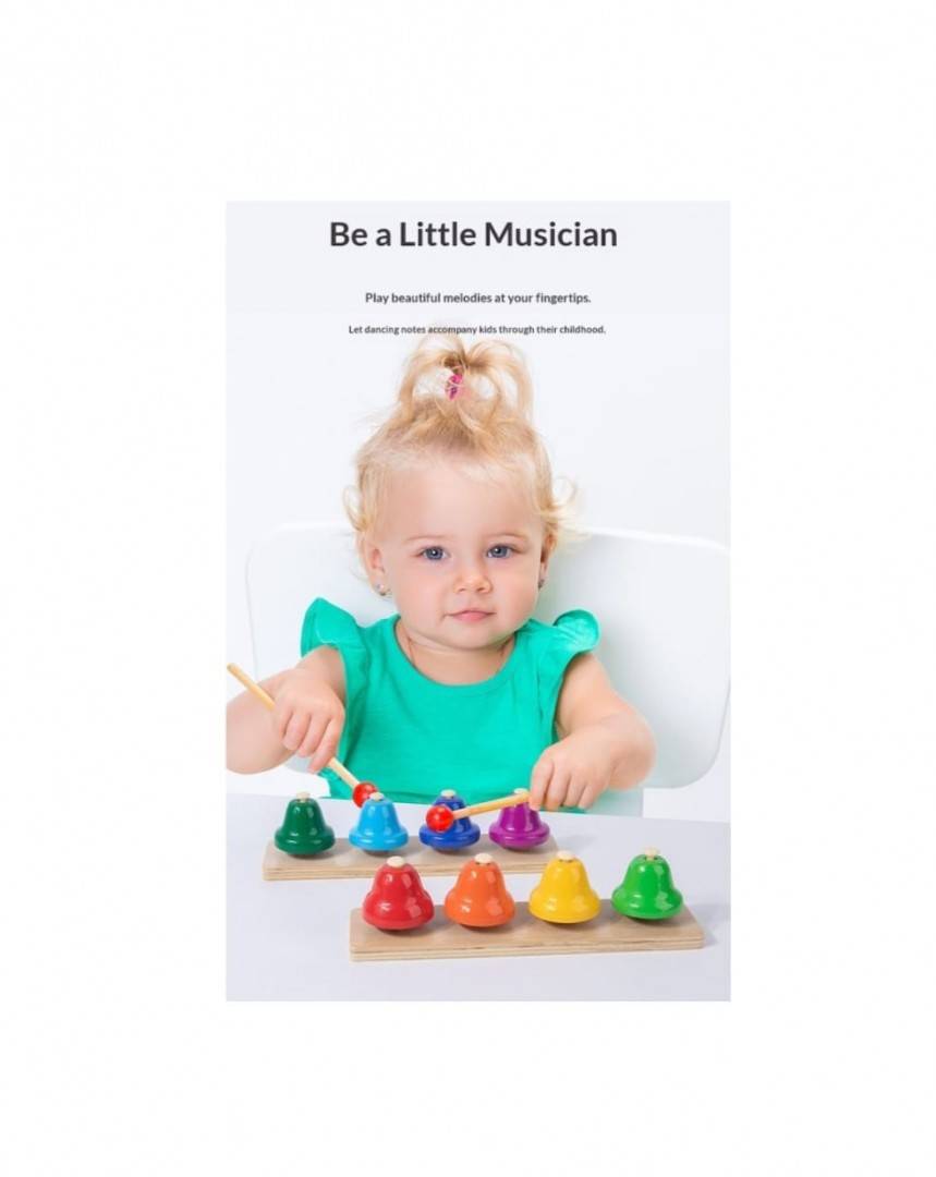 Set muzical cu 8 clopotei, montessori, lemn, multicolor, 3 ani+
