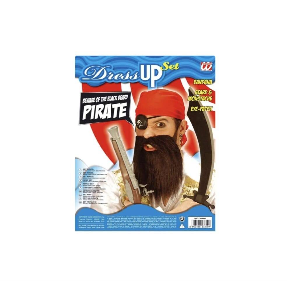 Set Pirat, Bandana rosie, plasture pentru ochi, barba falsa, multicolor