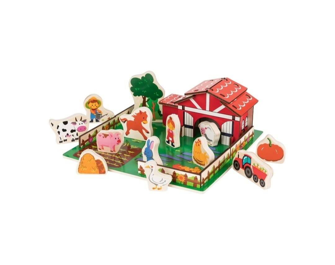 Set Puzzle 3D, Ferma, 28 piese, lemn, multicolor