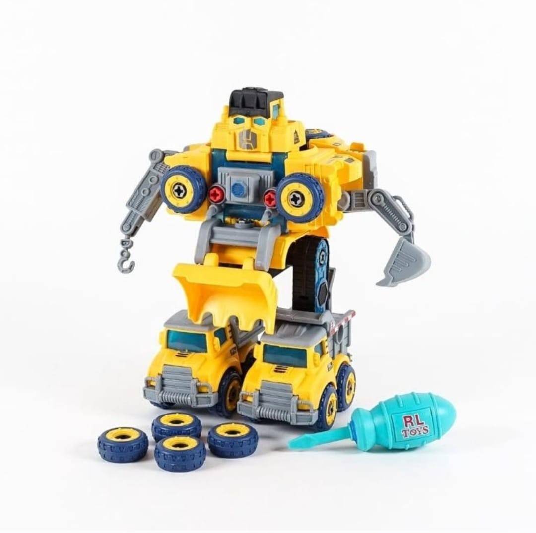Set Robot, 5 in 1 masinute de constructie cu surubelnita, galben, 23 cm