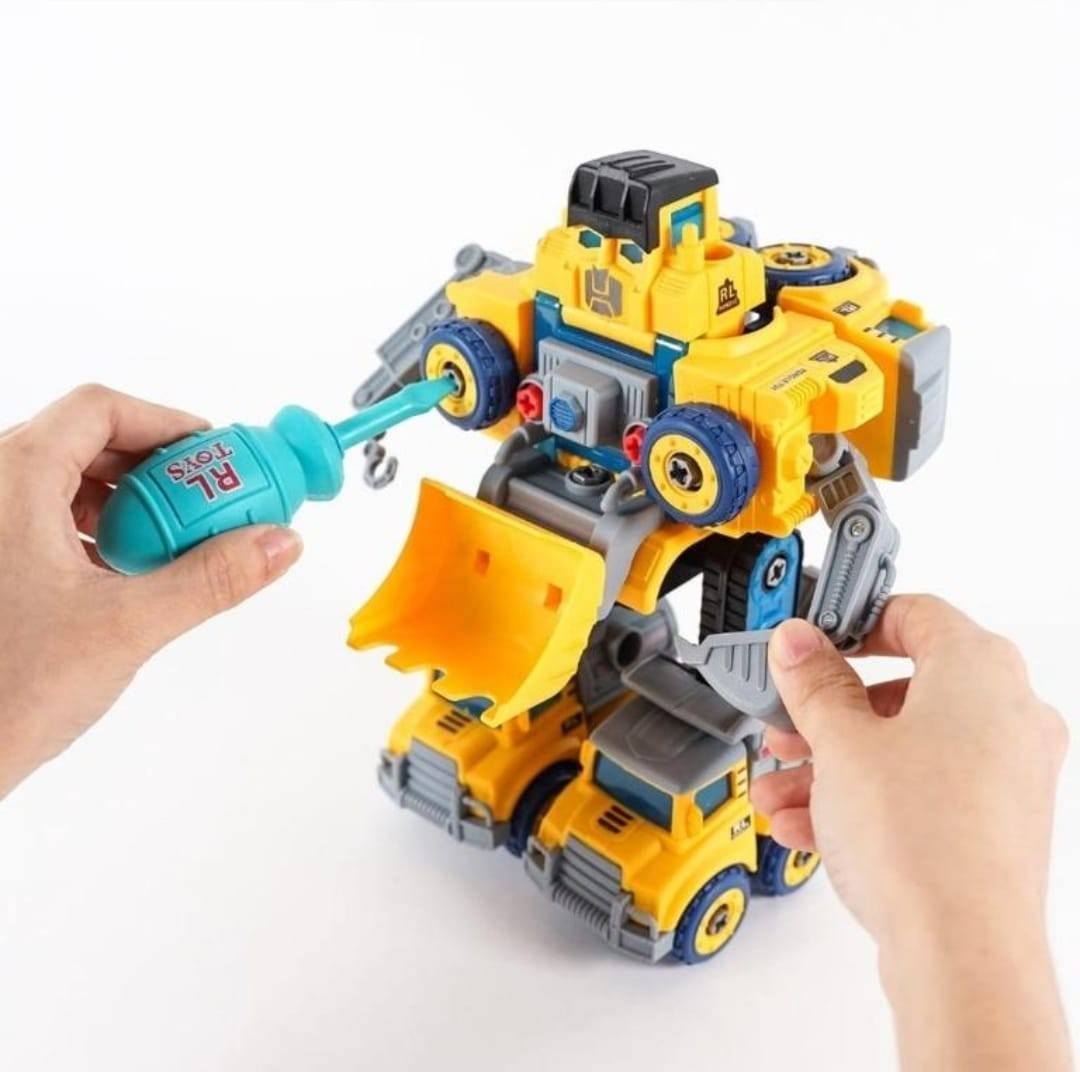 Set Robot, 5 in 1 masinute de constructie cu surubelnita, galben, 23 cm