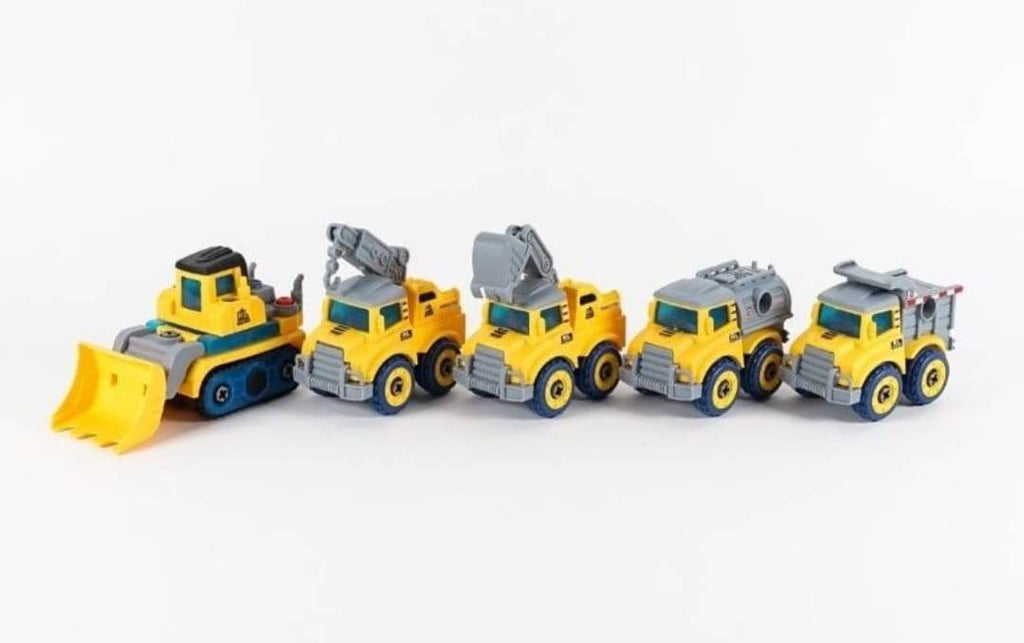 Set Robot, 5 in 1 masinute de constructie cu surubelnita, galben, 23 cm